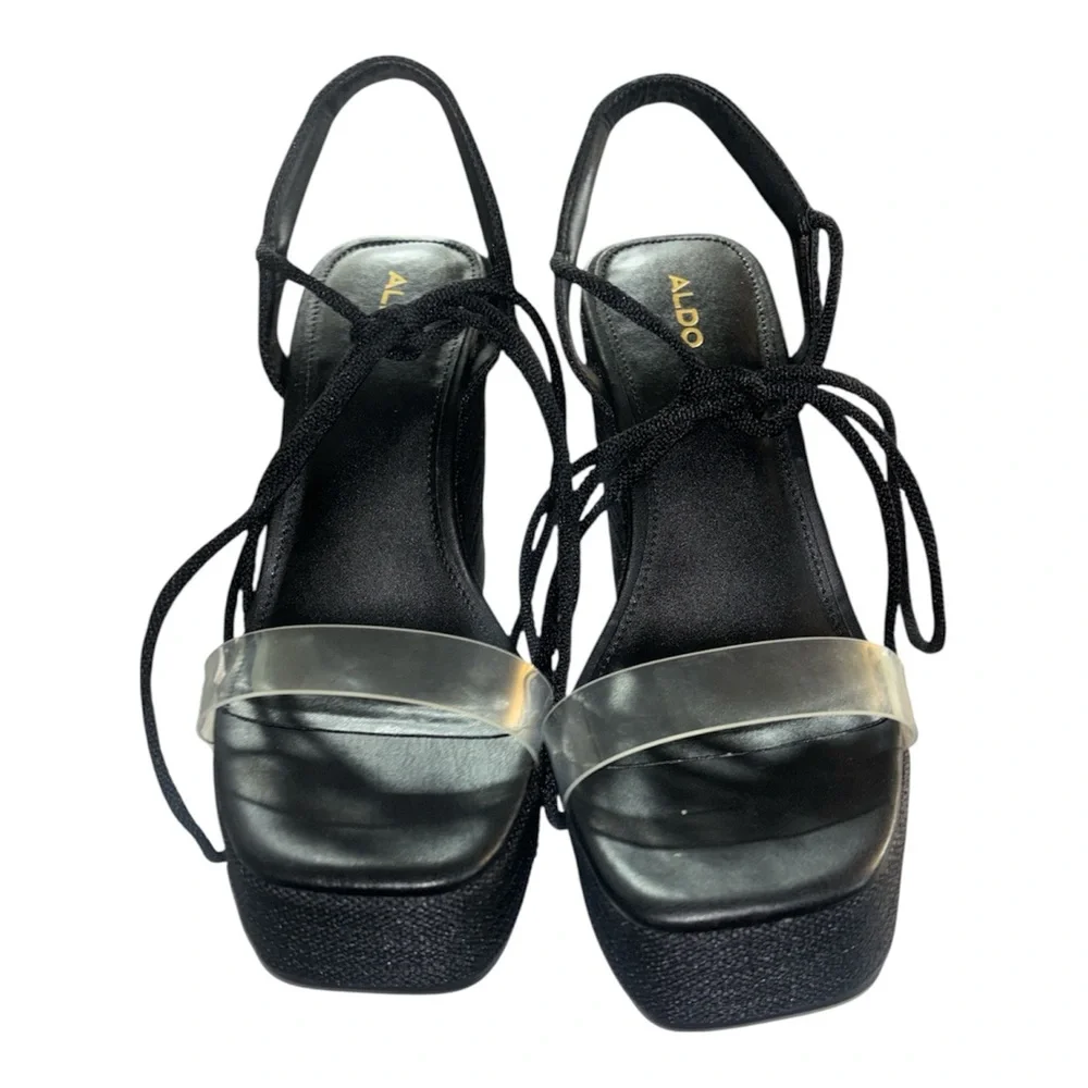 ALDO Black Devonteriel Tie-Up Wedge Espadrilles with Back Ankle Strap With Box